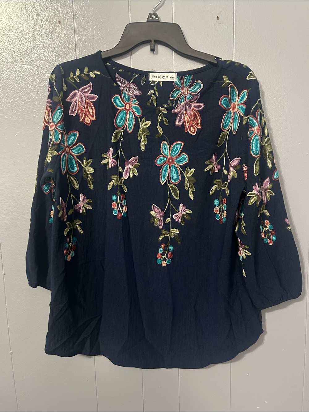Ana & Rose Navy Floral Embroidered Peasant Blouse